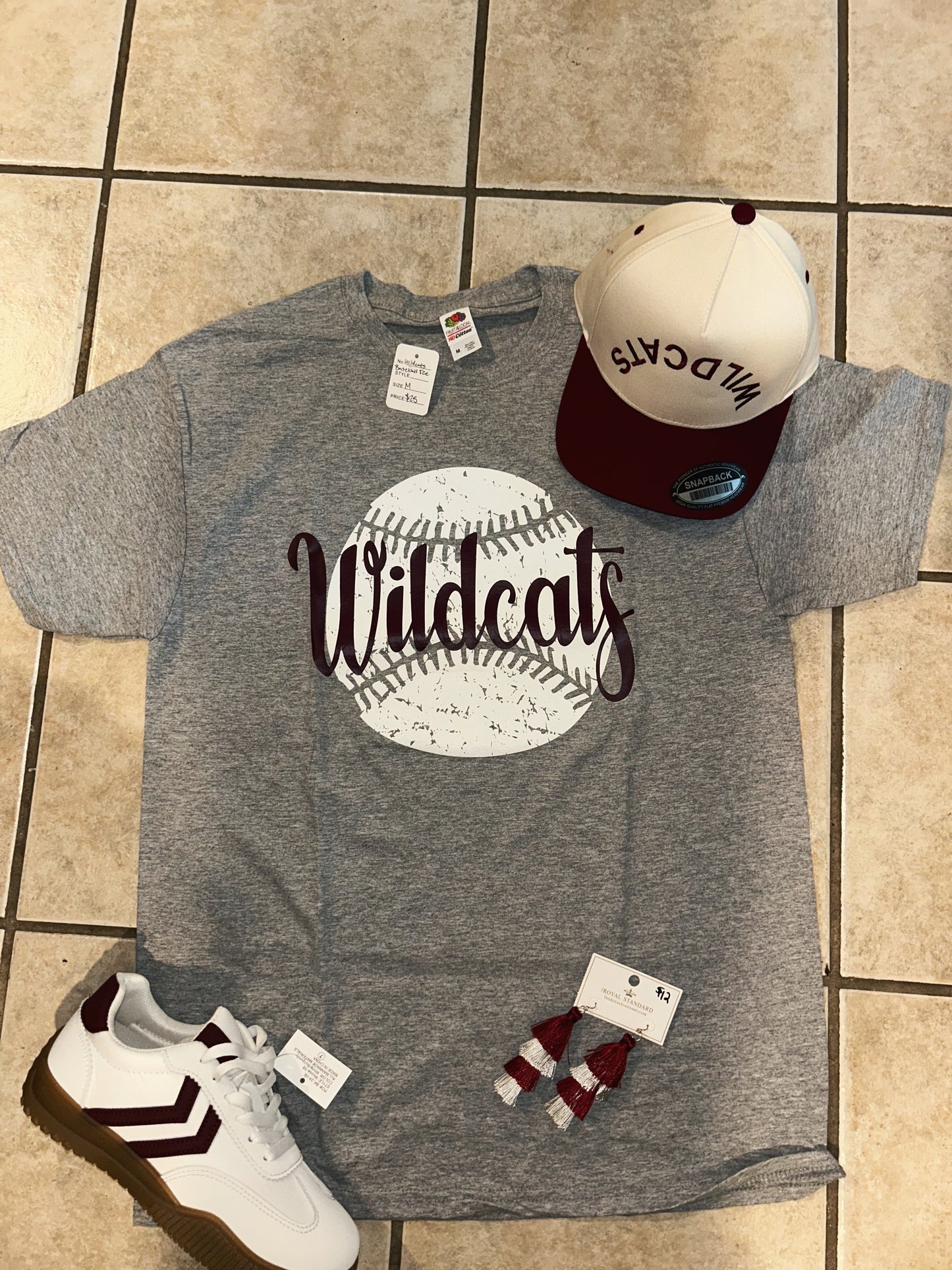 Grey and maroon wildcats baseball tee