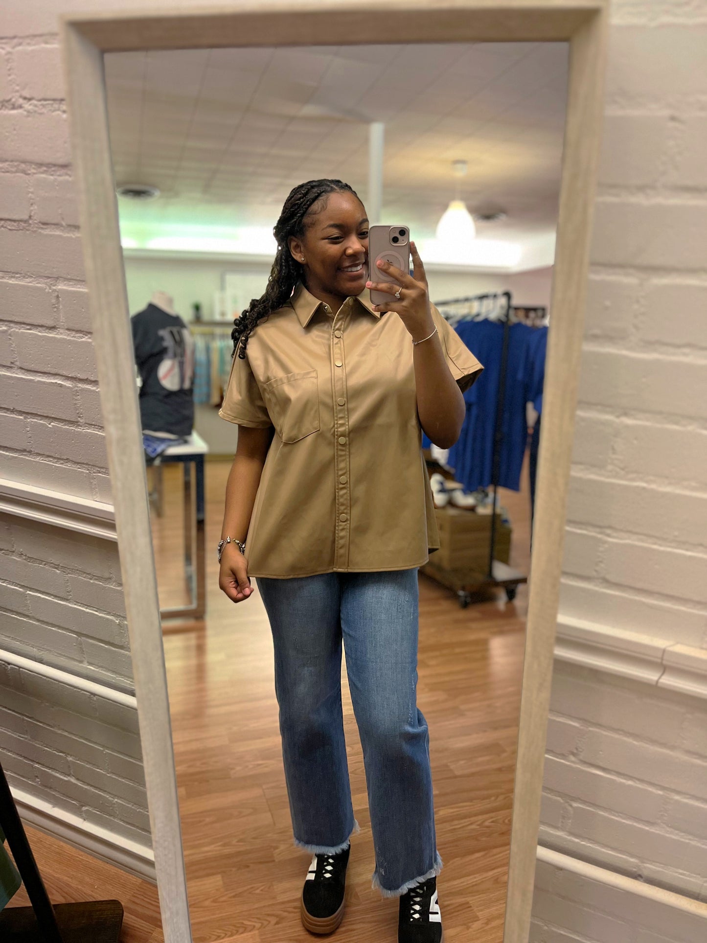 Tan leather button up