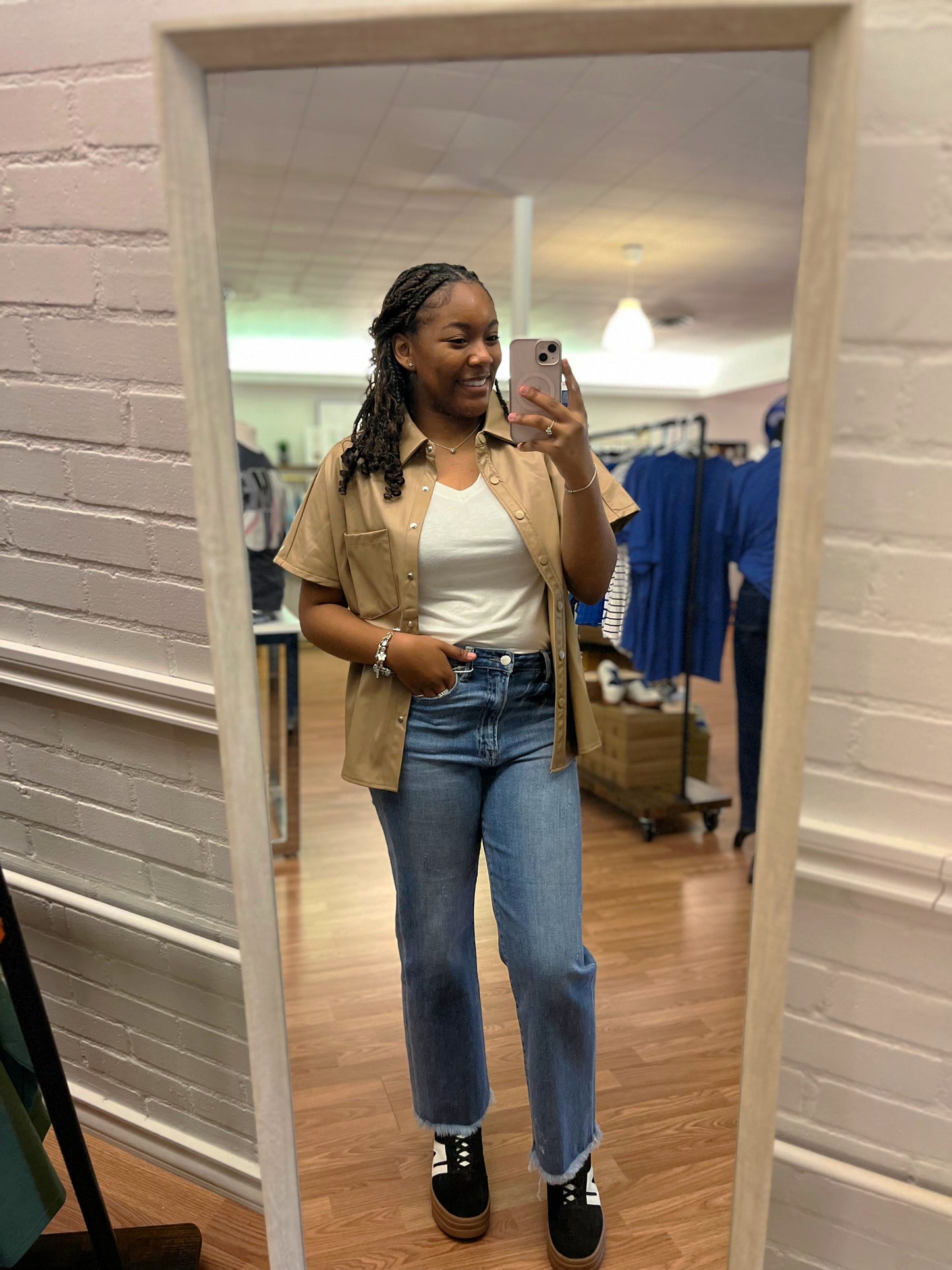Tan leather button up