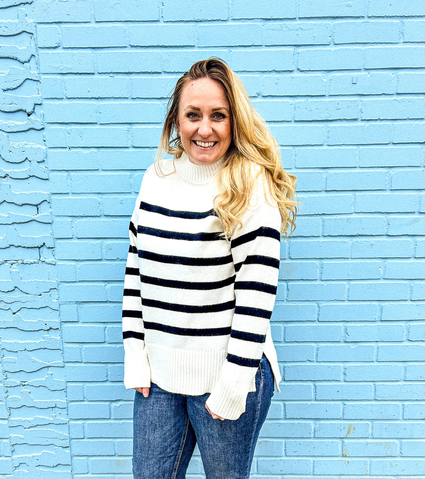 Striped mock neck sweater