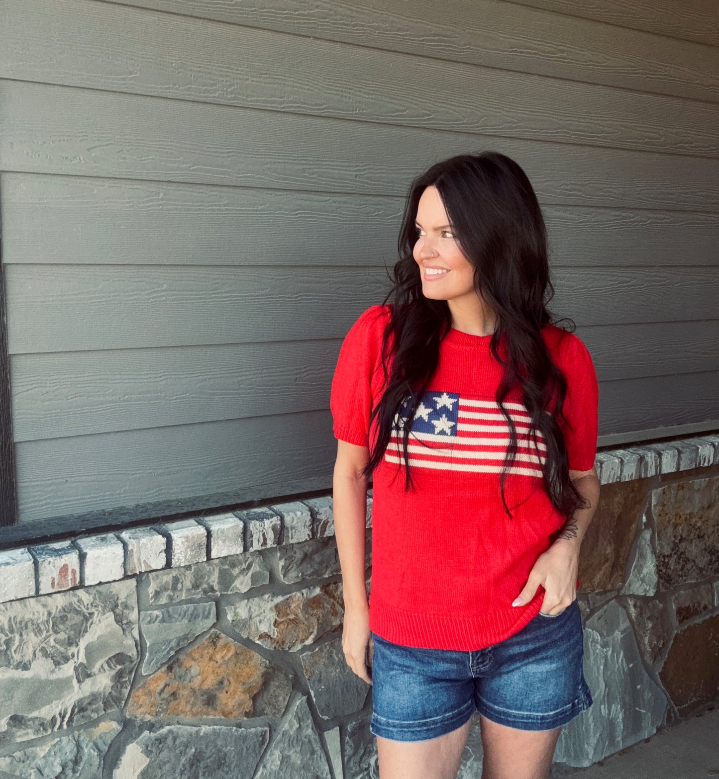 American Flag Short Sleeve Sweater