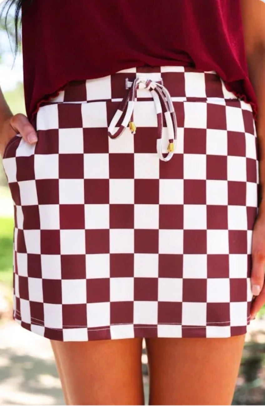 The maroon checkered Skort