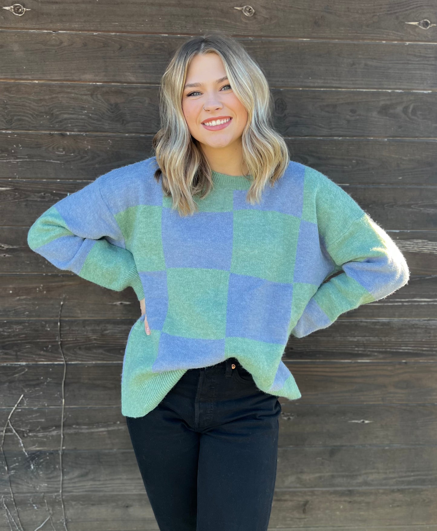 Blue green checkered sweater