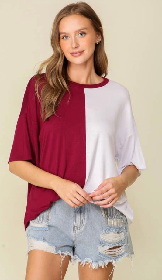 Half Maroon & White Tee